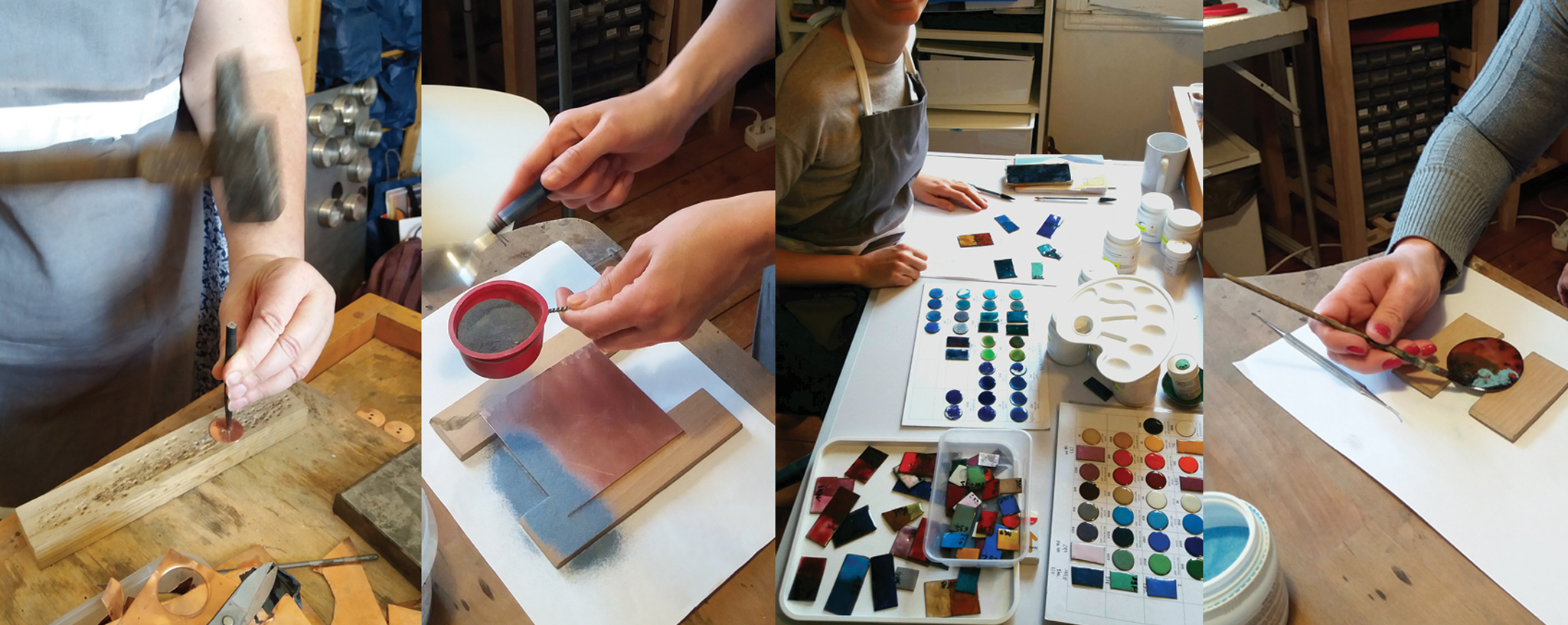 ateliers découvertes 3 heures de l'émaillage sur cuivre - Après avoir déterminé son modèle la stagiaire saupoudre de l'émail à sec sur sa plaque de cuivre